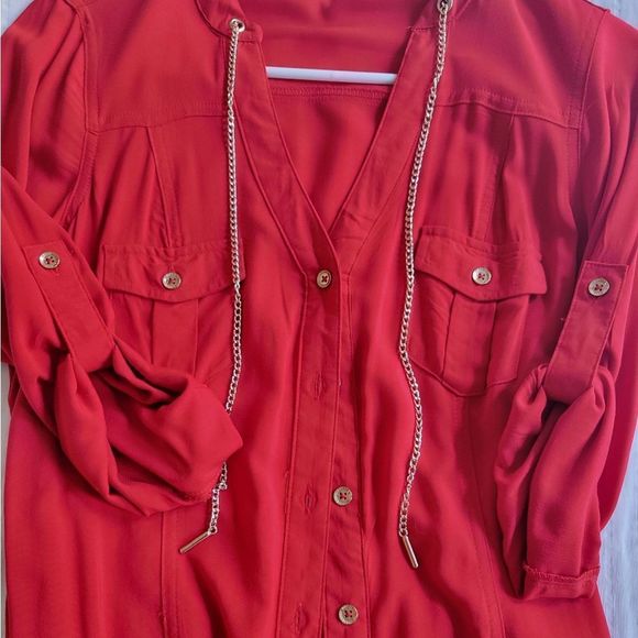Guess Chain Accented Button Dress in Red - Picture 2 of 5